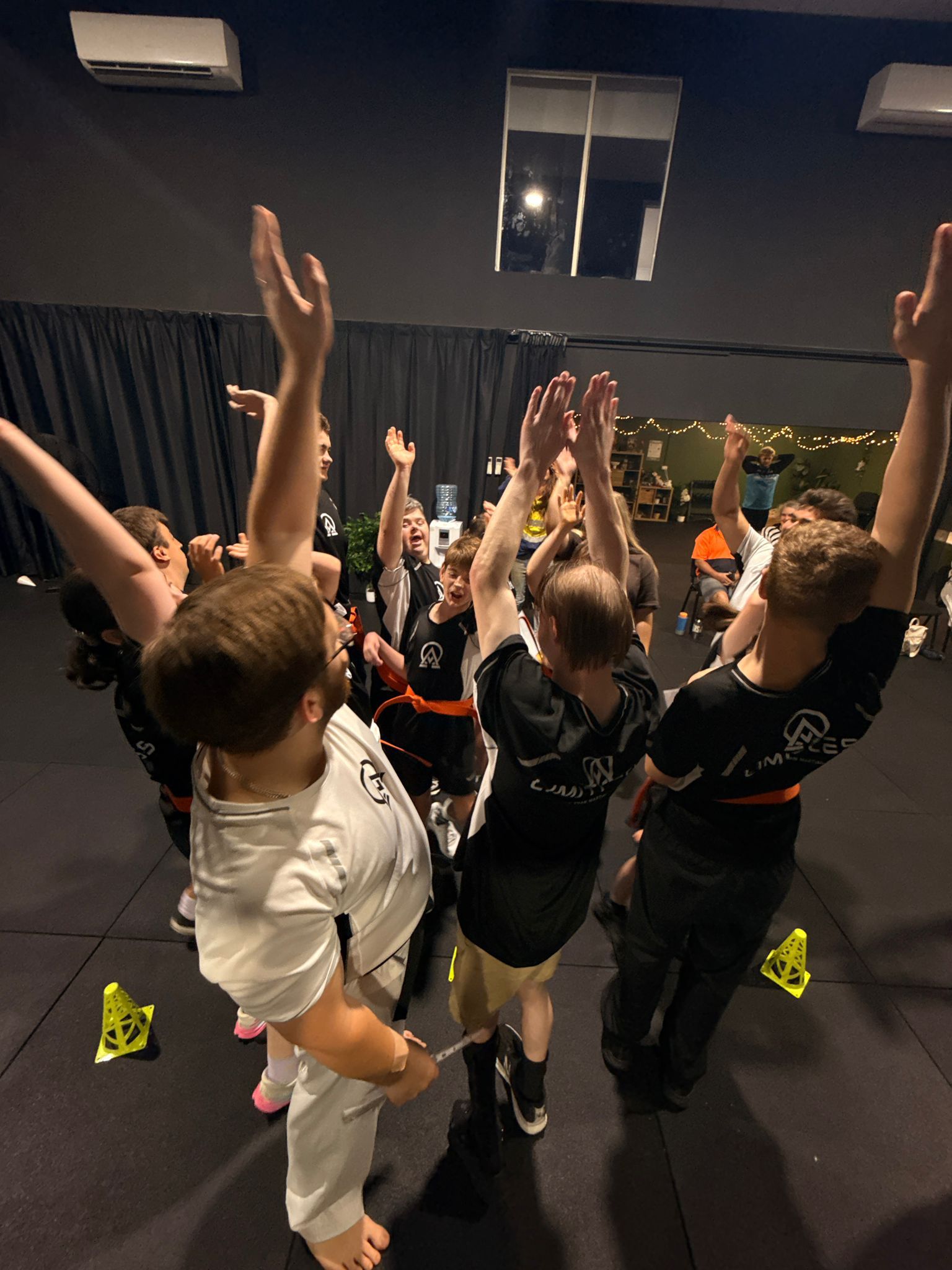 Limitless Impact students celebrating with hands raised